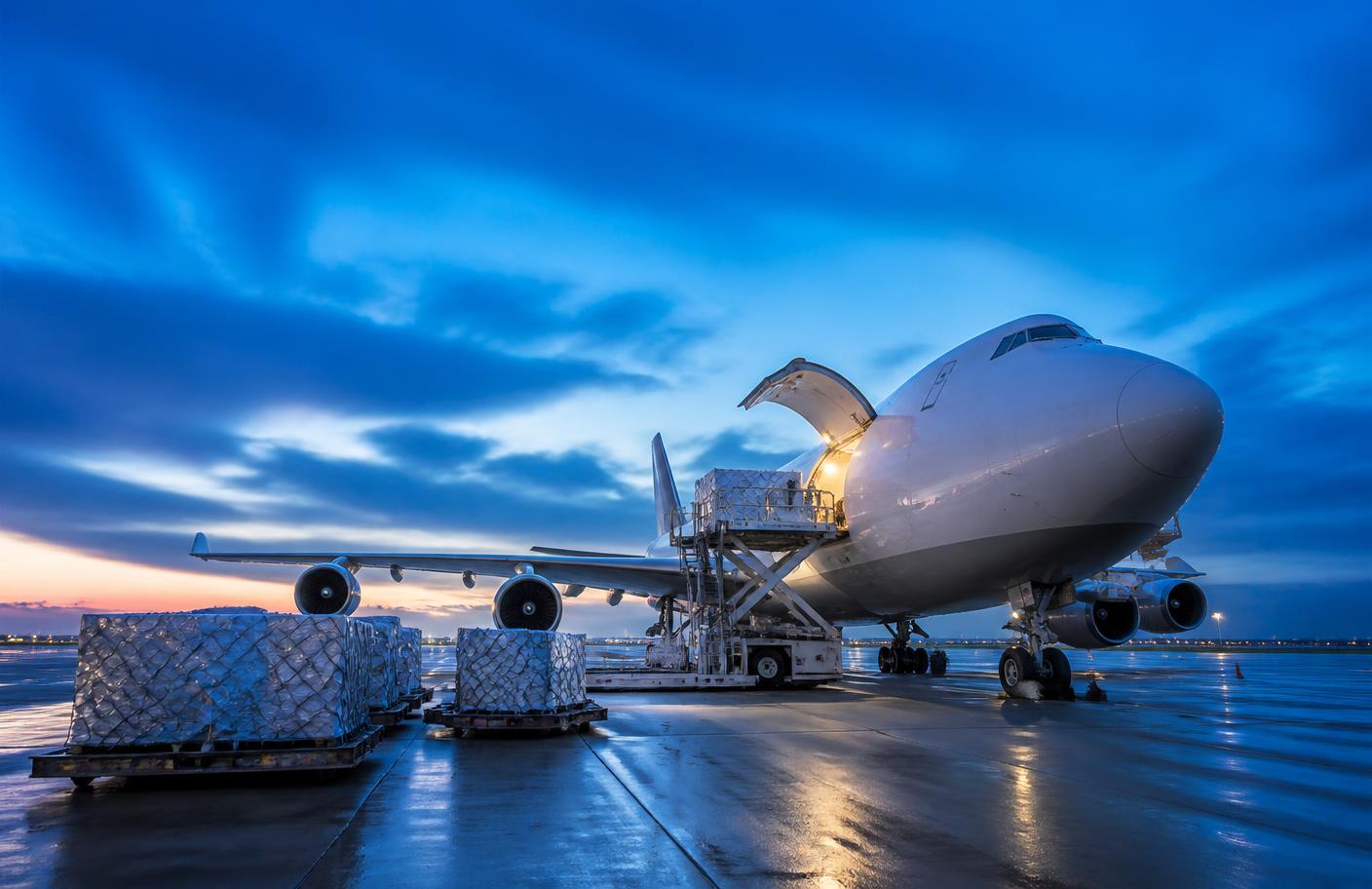 Cargo freighter aircraft being loaded with air freight pallets at dusk