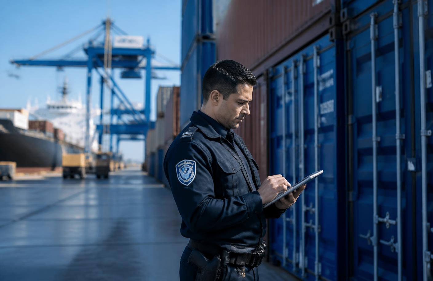 Customs officer reviewing shipment documents beside stacked containers at a port