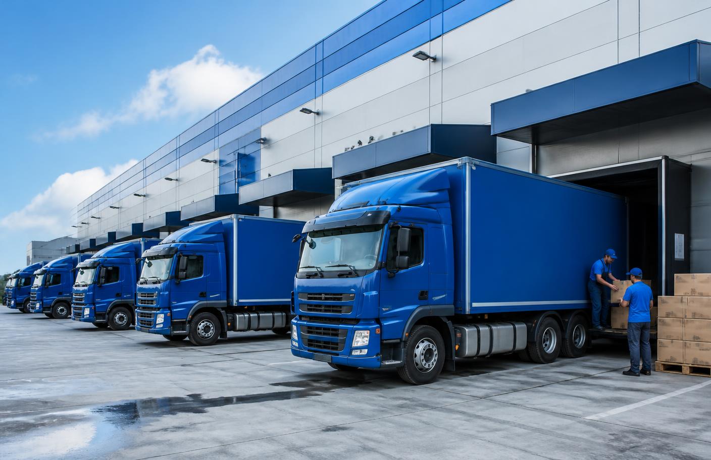 Blue delivery trucks being loaded at a modern distribution centre