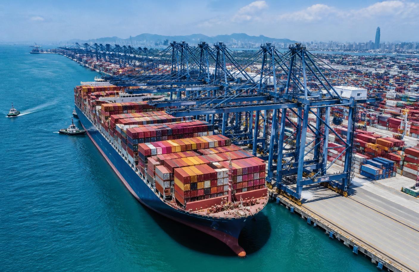 Container ship loading at a major Chinese port with gantry cranes