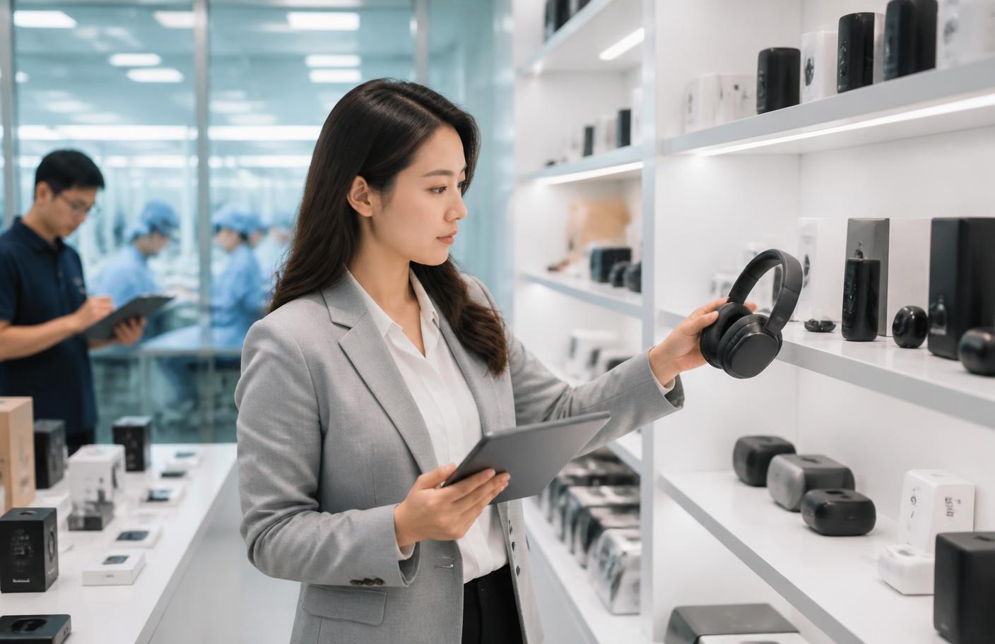Sourcing specialist inspecting products in a Chinese factory showroom